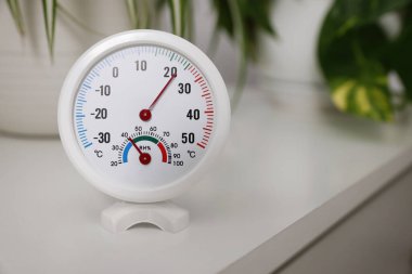 Termometresi olan yuvarlak higrometre ve beyaz masa üzerinde bitkiler, metin için boşluk