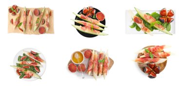 Lezzetli kavun, jambon ve incirli beyaz arka plan, üst manzara. Pankart tasarımı