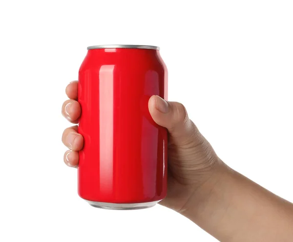 Woman Holding Red Aluminum Can White Background Closeup — Stock Photo, Image