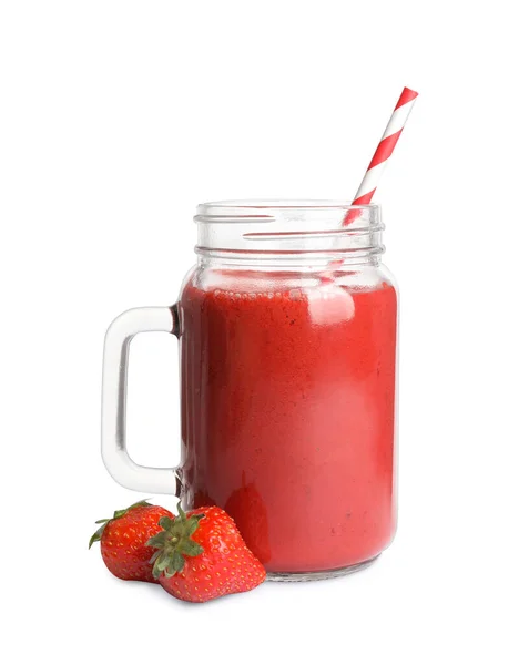 Mason Pot Smoothie Aux Fraises Savoureux Fruits Frais Sur Fond — Photo