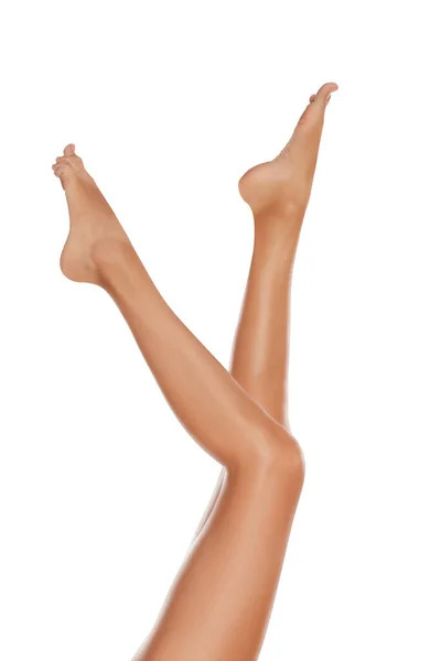 Woman Beautiful Long Legs White Background Closeup — Stock Photo, Image