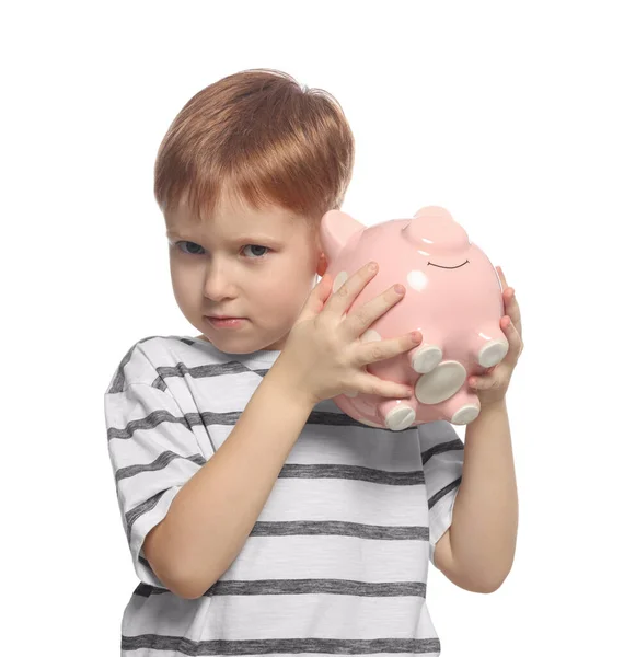 Cute Little Boy Ceramic Piggy Bank White Background — Stock Photo, Image