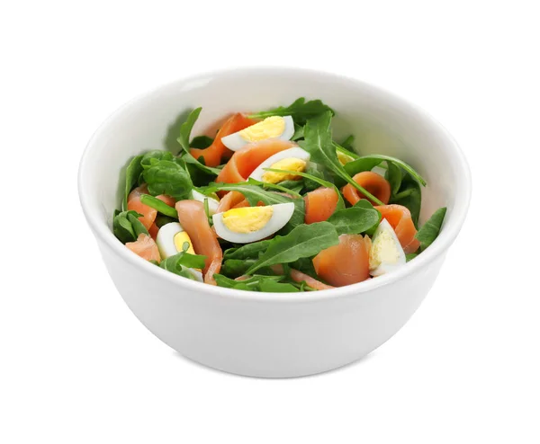 Salada Deliciosa Com Ovos Cozidos Salmão Rúcula Tigela Isolada Branco — Fotografia de Stock