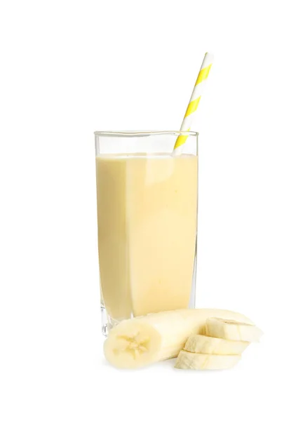 Glas Smakelijke Banaan Smoothie Vers Fruit Witte Achtergrond — Stockfoto
