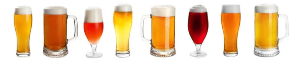 Set Studeným Chutným Pivem Bílém Pozadí Návrh Nápisu — Stock fotografie