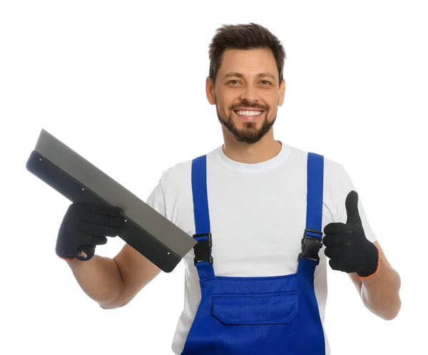 Travailleur Professionnel Uniforme Avec Couteau Mastic Sur Fond Blanc — Photo