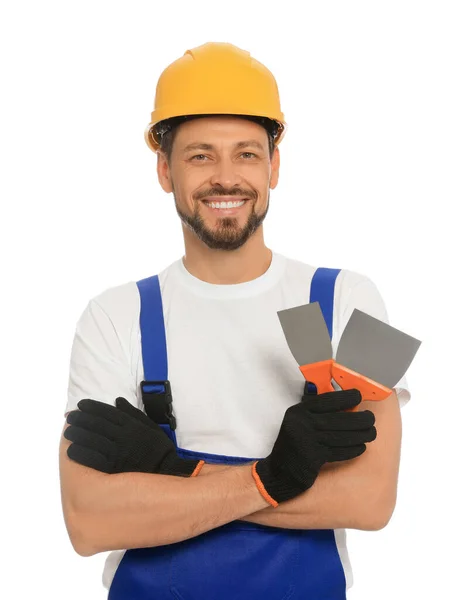 Professional Worker Putty Knives Hard Hat White Background — Stock Photo, Image