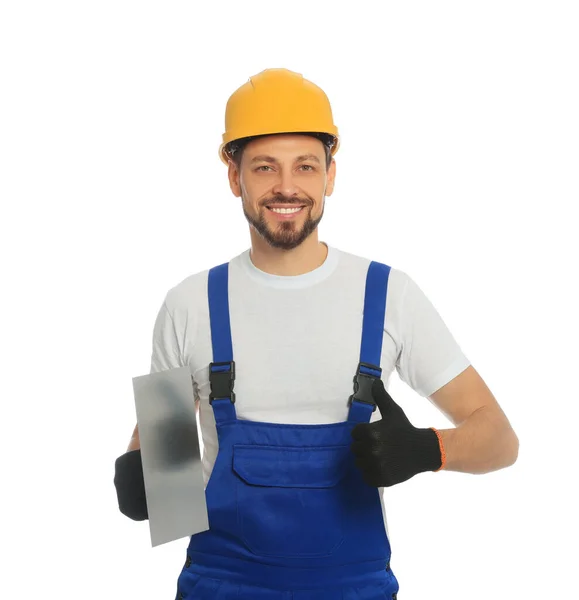 Professional Worker Putty Knife Hard Hat White Background — Stock Photo, Image