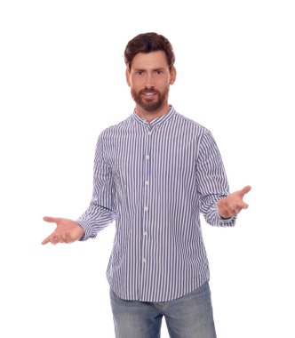 Handsome man gesturing on white background. Weather forecast reporter