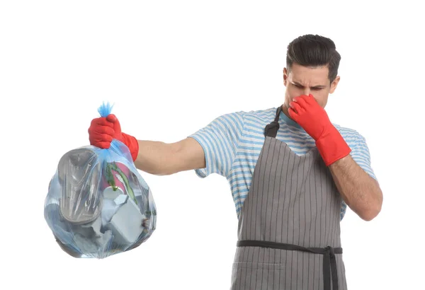 Homem Segurando Saco Lixo Completo Fundo Branco — Fotografia de Stock