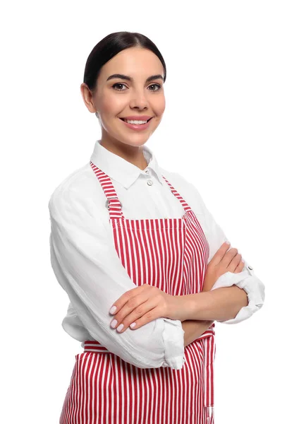 Jonge Vrouw Rood Gestreepte Schort Witte Achtergrond — Stockfoto