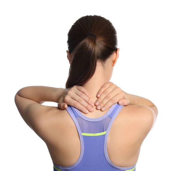 Young Woman Suffering Neck Pain White Background Back View — Stock Photo, Image
