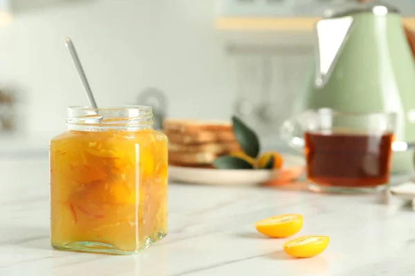 Delicious Kumquat Jam Jar White Marble Table — Fotografia de Stock