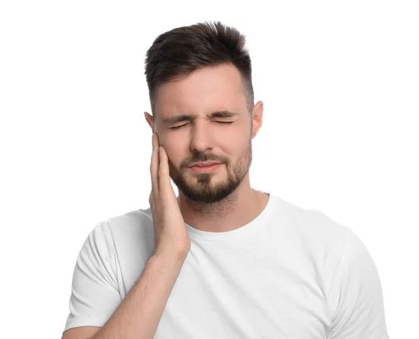 Jeune Homme Souffrant Douleur Oreille Sur Fond Blanc — Photo