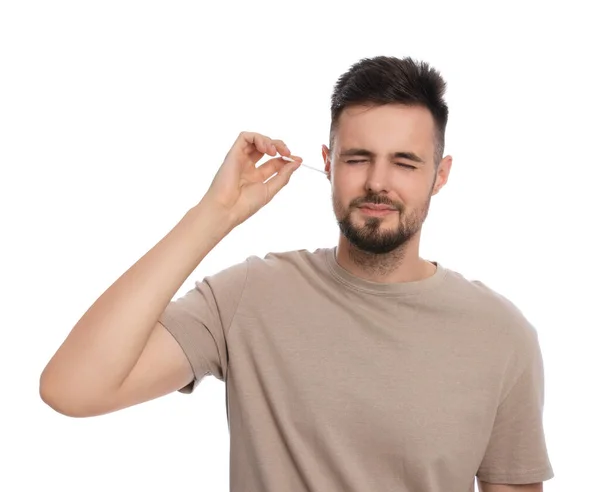 Young Man Cleaning Ear Cotton Swab White Background — Stock Photo, Image