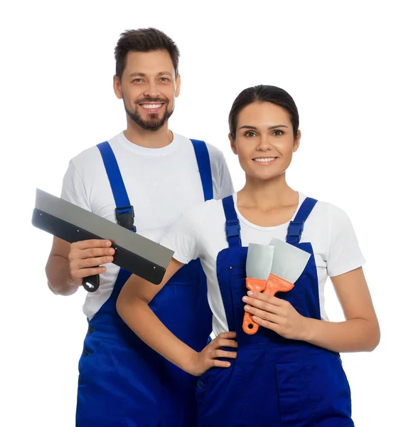 Professionele Arbeiders Uniform Met Stopverf Messen Witte Achtergrond — Stockfoto