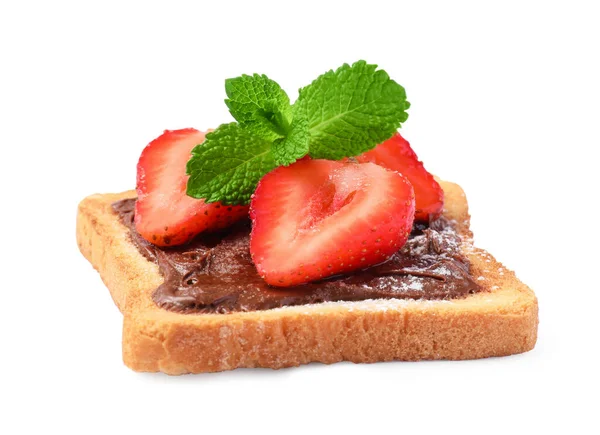 Delicious toast with nut cream, strawberries and mint isolated on white