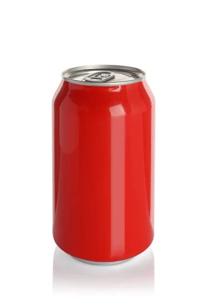 Lata Aluminio Rojo Con Bebida Aislada Blanco —  Fotos de Stock