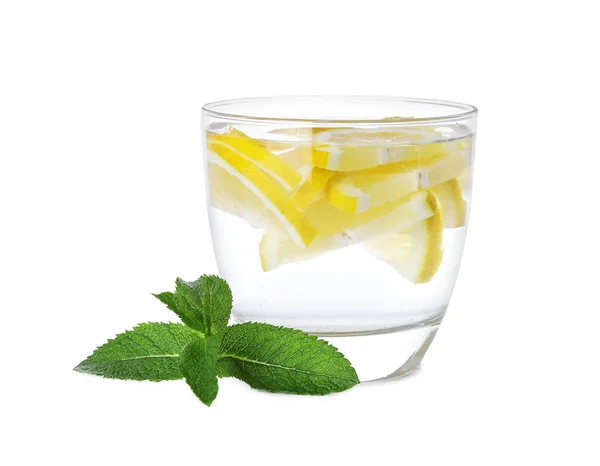 Glass Water Sliced Lemon Mint White Background — Stockfoto
