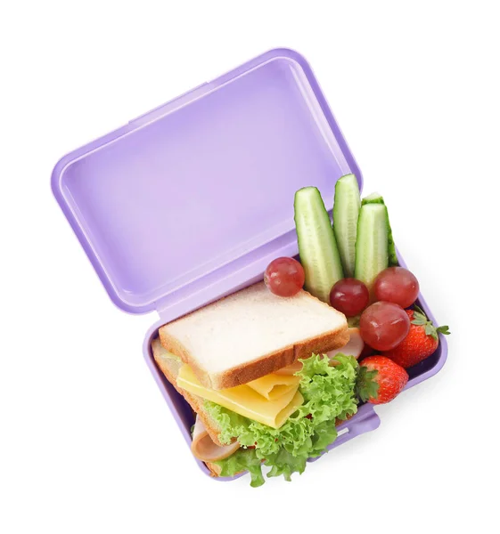 Lunchbox Smacznym Jedzeniem Białym Tle Widok Góry Kolacja Szkolna — Zdjęcie stockowe