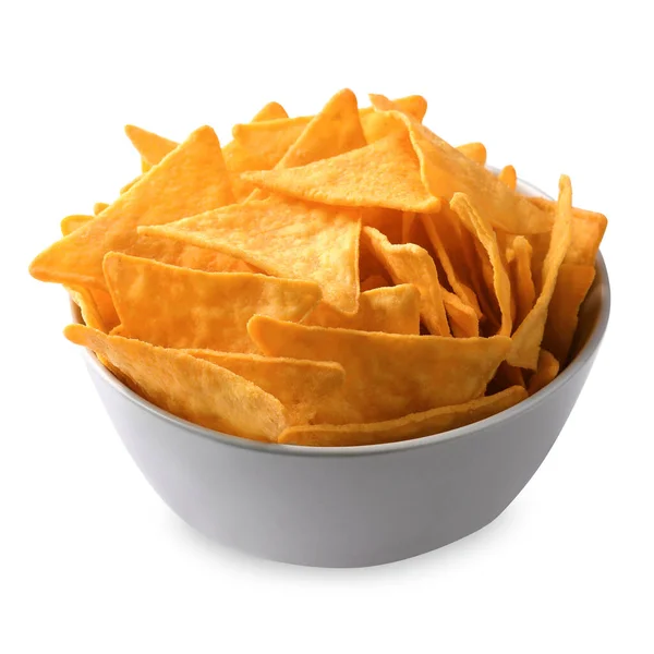 Tortilla Chips Nacho Schaal Witte Achtergrond — Stockfoto