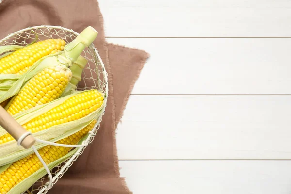 Tasty Sweet Corn Cobs Metal Basket White Wooden Table Top — Stock Photo, Image