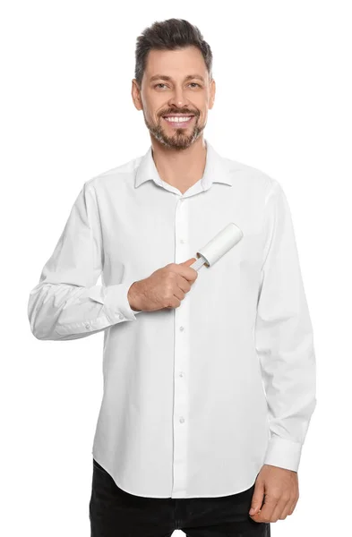 Camisa Limpeza Homem Bonito Com Rolo Fiapos Adesivos Fundo Branco — Fotografia de Stock