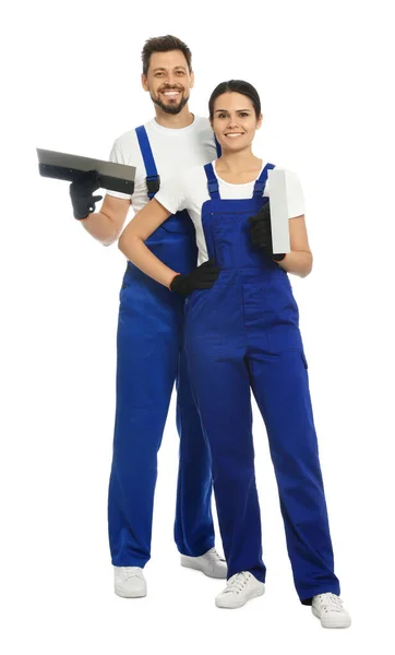 Professionele Arbeiders Uniform Met Stopverf Messen Witte Achtergrond — Stockfoto