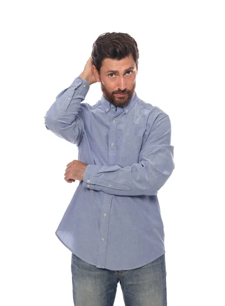 Beschaamde Man Shirt Witte Achtergrond — Stockfoto