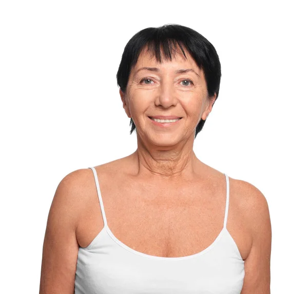 Portret Van Lachende Senior Vrouw Witte Achtergrond — Stockfoto