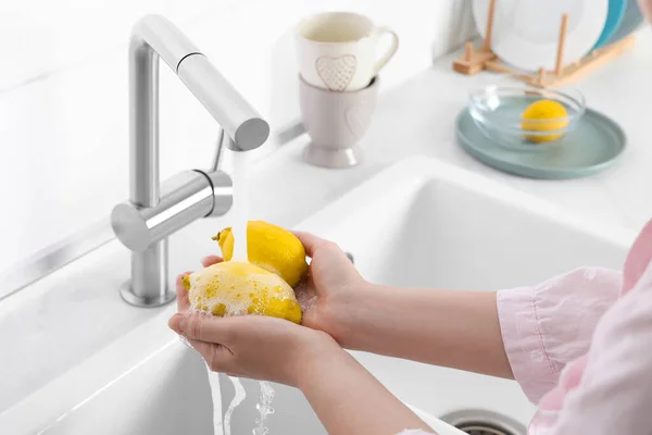 Woman Washing Fresh Ripe Lemons Tap Water Kitchen Closeup — Stok fotoğraf