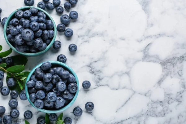 Tasty Fresh Blueberries White Marble Table Flat Lay Space Text — Photo