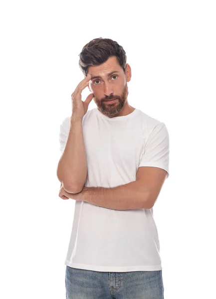 Смущенный Мужчина Рубашке Белом Фоне — стоковое фото