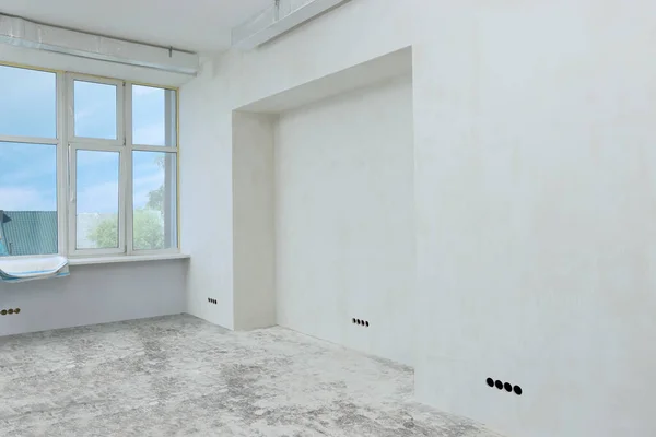 Habitación Vacía Con Pared Blanca Ventanas Preparadas Para Renovación —  Fotos de Stock