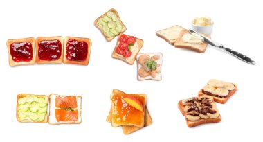 Beyaz arkaplanda farklı tost setleri