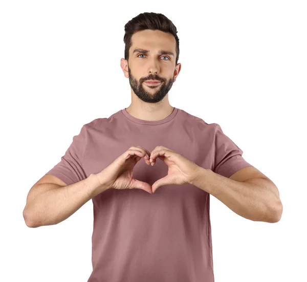 Hombre Haciendo Corazón Con Las Manos Sobre Fondo Blanco — Foto de Stock