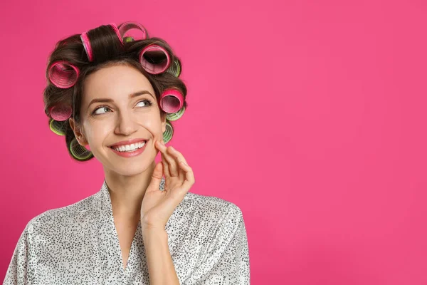 Beautiful Young Woman Silk Bathrobe Hair Curlers Pink Background Space — Stock Photo, Image