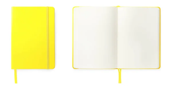 Leuchtend Gelbe Notizbücher Auf Weißem Hintergrund Draufsicht Banner Design — Stockfoto