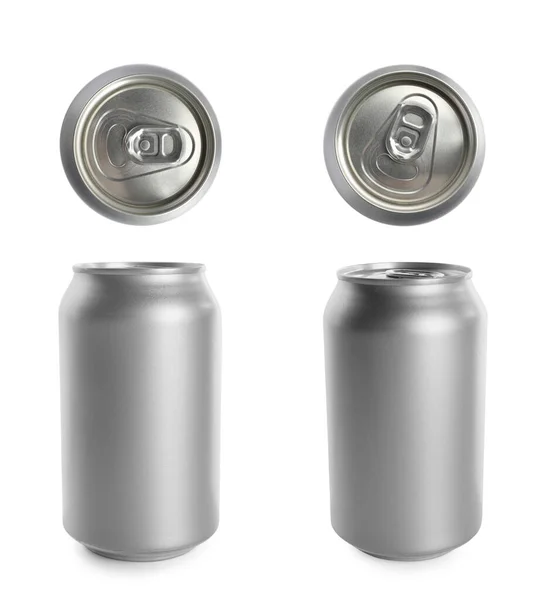 Set Met Aluminium Drankblikjes Witte Achtergrond — Stockfoto