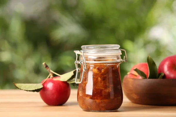 Delicious Apple Jam Fresh Fruits Wooden Table — Stock Photo, Image