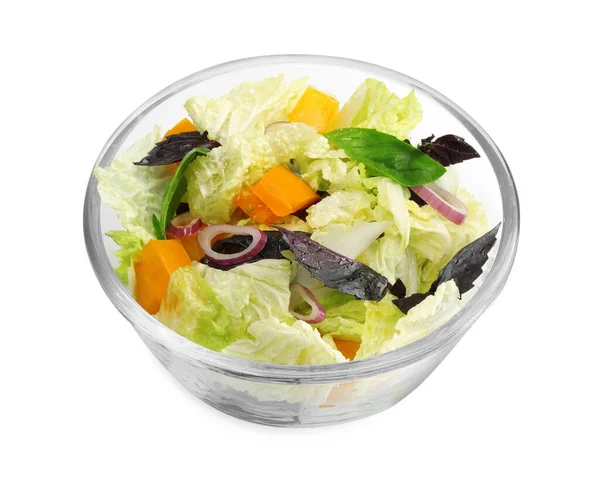 Delicious Salad Chinese Cabbage Tomato Basil Isolated White — Stock fotografie