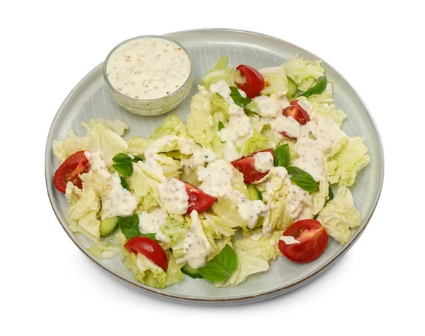Köstlicher Salat Mit Chinakohl Tomaten Gurken Und Dressing Isoliert Auf — Stockfoto