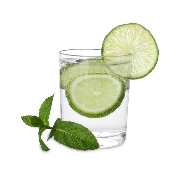 Glass Water Sliced Lime Mint White Background —  Fotos de Stock