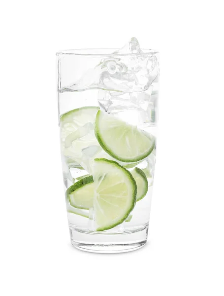 Water Sliced Lime Splashing Out Glass White Background — Stockfoto