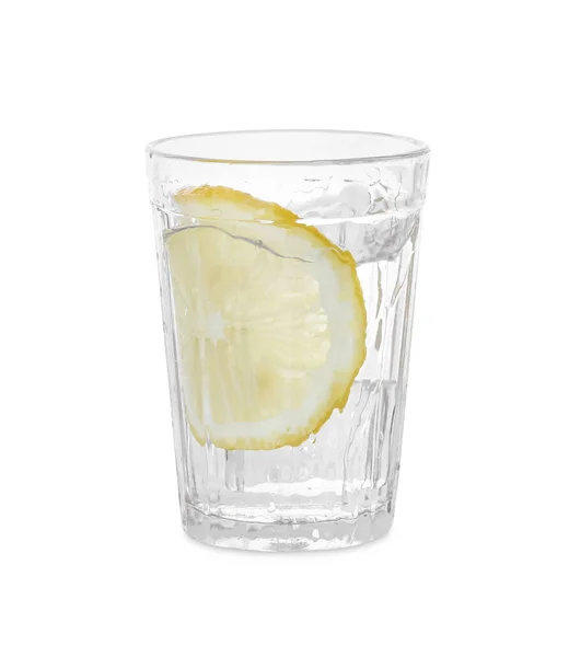 Water Sliced Lemon Splashing Out Glass White Background —  Fotos de Stock