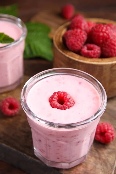 Tasty Fresh Raspberry Smoothie Wooden Table — Stock Photo, Image