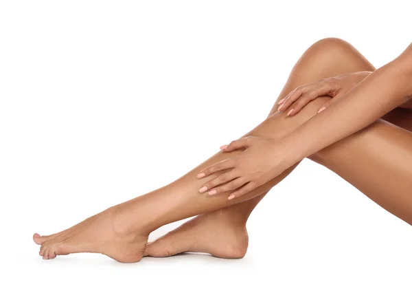 Woman Beautiful Long Legs White Background Closeup — Stock fotografie