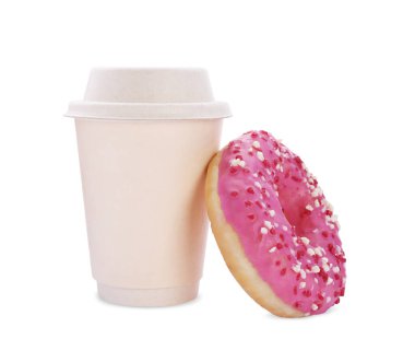 Tasty fresh donut with sprinkles and hot drink isolated on white clipart