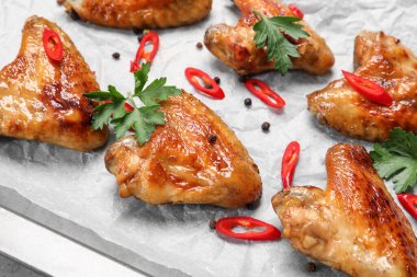 Closeup view of delicious fried chicken wings