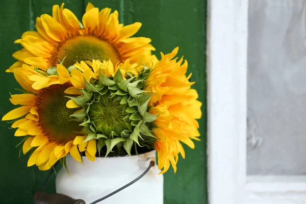 Bouquet Beautiful Sunflowers Tin Window Outdoors — Stock Photo, Image